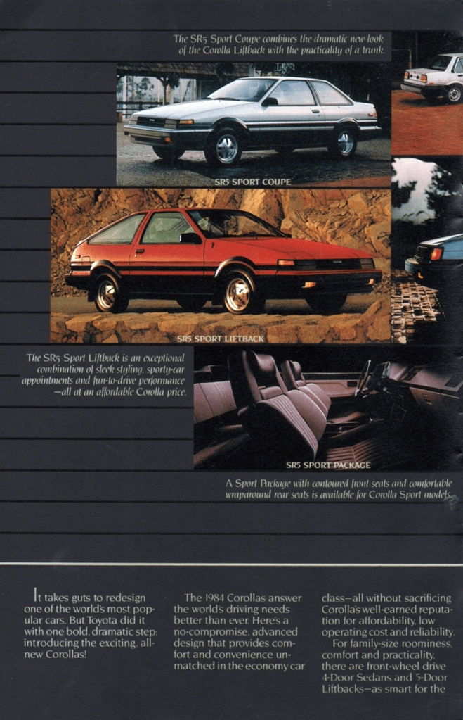 Corolla page from the 1984 Toyota brochure