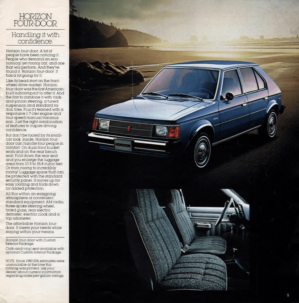 Four-door page from the 1980 Plymouth Horizon brochure