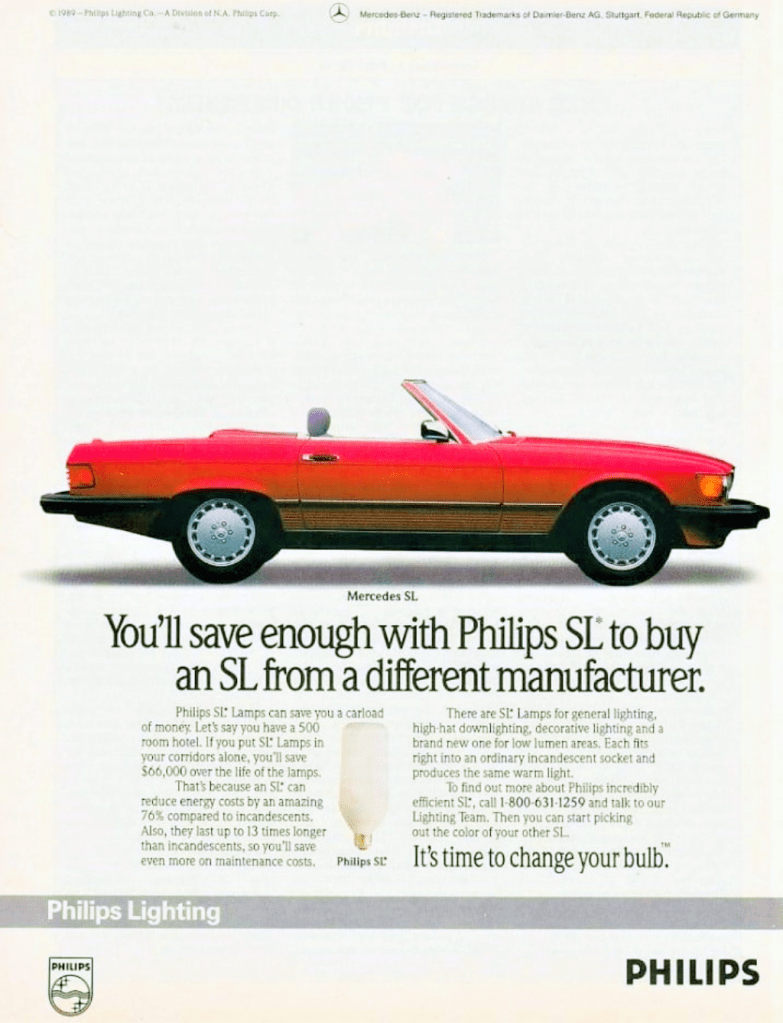 Philips light bulb advertisement featuring 1989 Mercedes-Benz 560SL